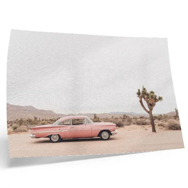 Decorative canvas print a retro car in the desert near a lonely tree