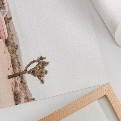 Decorative canvas print A retro car in the desert next to a lonely tree