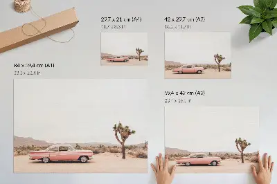 Decorative canvas print a retro car in the desert near a lonely tree