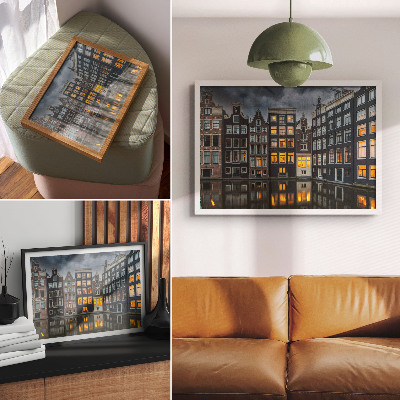 Photo canvas tenement houses by the canal with a cozy reflection atmosphere