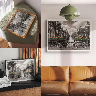Decorative canvas print a charming canal view with bicycles and tulips in black and orange
