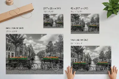 Decorative canvas print a charming canal view with bicycles and tulips in black and orange