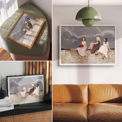 Photo canvas three women on the wall in bright dresses with a big sky