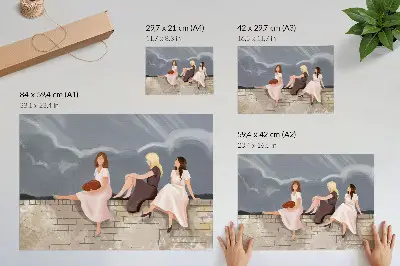 Photo canvas three women on the wall in bright dresses with a big sky