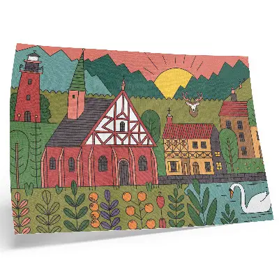 Decorative canvas print colorful landscape featuring houses, mountains, deer, and swans in a green motif