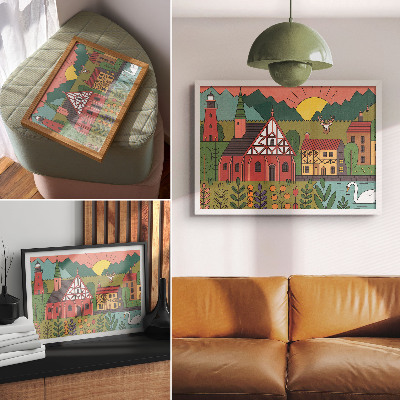 Decorative canvas print Colorful houses mountains deer swan green landscape
