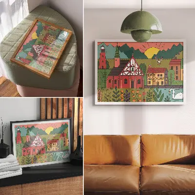 Decorative canvas print colorful landscape featuring houses, mountains, deer, and swans in a green motif