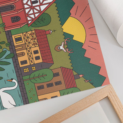 Decorative canvas print Colorful houses mountains deer swan green landscape