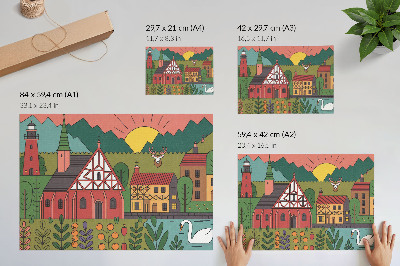 Decorative canvas print Colorful houses mountains deer swan green landscape