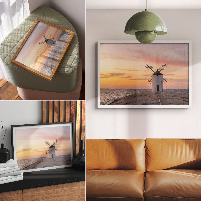 Poster Windmill in the sunset light, sea, pastel sky