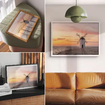 Poster windmill in the sunset light with a pastel sea sky