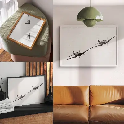 Black and white historical aircraft canvas print in flight dynamics