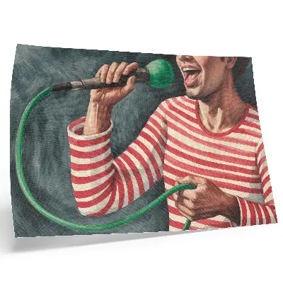 Photo canvas red striped shirt with green microphone print