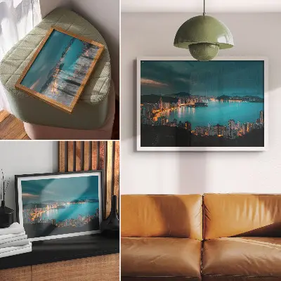 Decorative canvas print night view of the city over the water with luminous skyscrapers