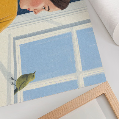 Poster Woman in a yellow shirt with a bird on the windowsill
