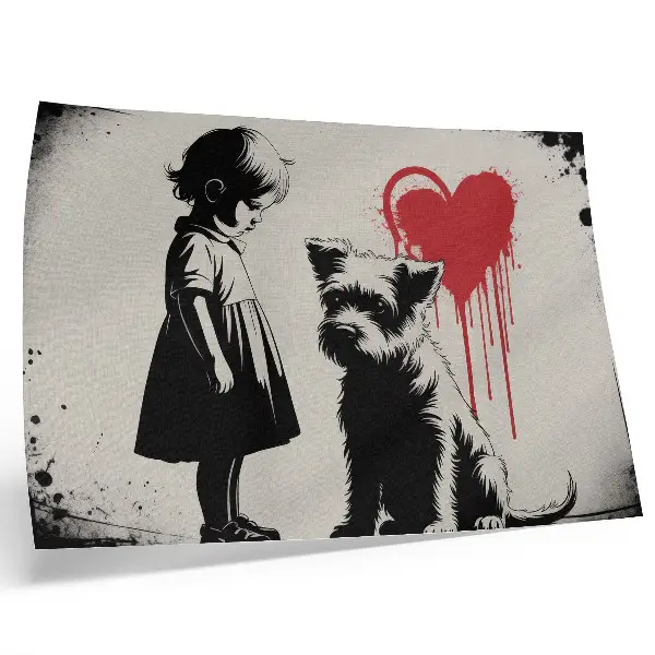 Decorative canvas print monochrome girl with a dog and heart