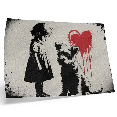Decorative canvas print monochrome girl with a dog and heart