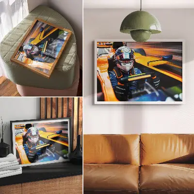 Decorative canvas print a racing car in motion with speed and energy