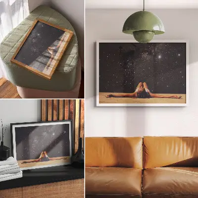 Decorative canvas print a figure under a surreal starry sky