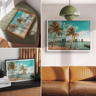 Photo canvas featuring palm trees by a calm lake with skyscrapers under a turquoise sky