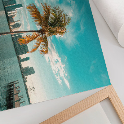 Photo canvas Palm trees, lake, skyscrapers, turquoise sky, calm