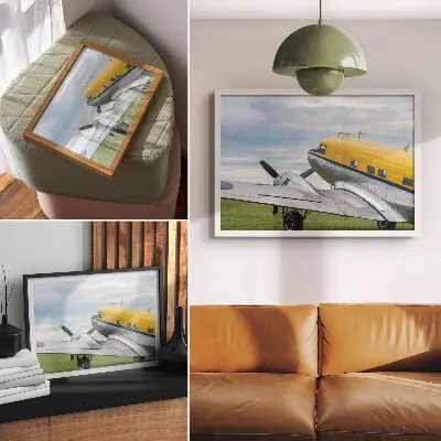 Decorative canvas print stylish classic plane in yellow gray and blue