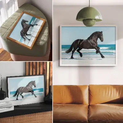 Poster horse galloping on the coast under a blue sky