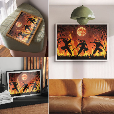 Photo canvas Energetic night scene with ninjas and flames