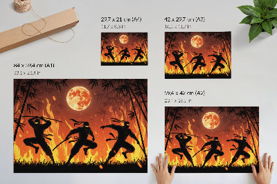 Photo canvas Energetic night scene with ninjas and flames