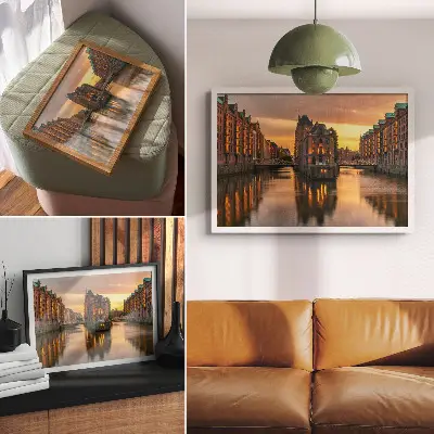 Decorative canvas print calm water reflecting brick buildings in warm light
