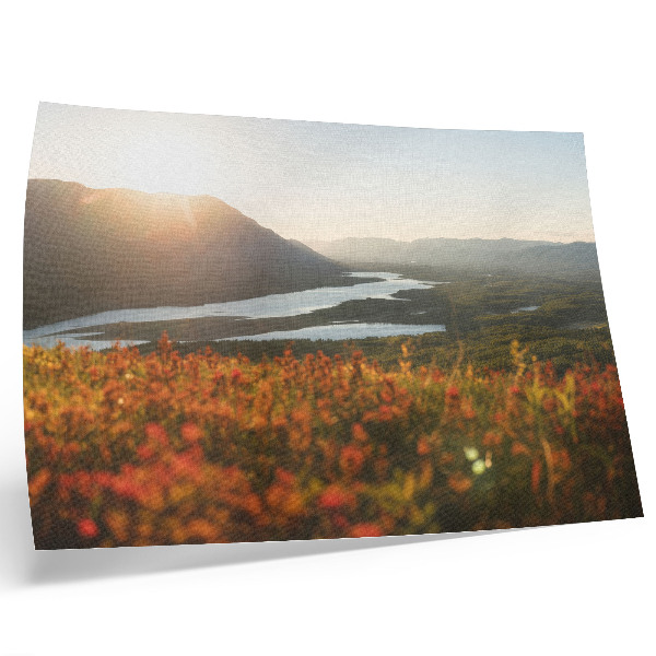 Poster Flowers, mountains, river, sunset, peaceful atmosphere