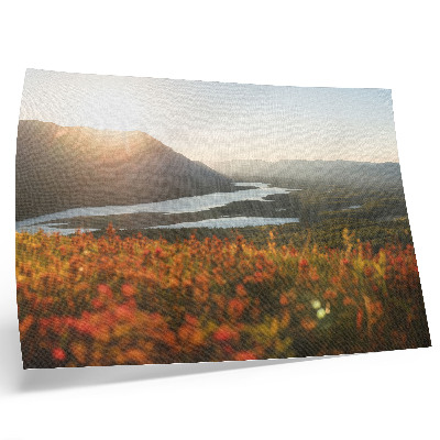 Poster Flowers, mountains, river, sunset, peaceful atmosphere