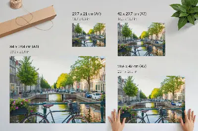 Photo canvas view of a canal with a bridge, trees, buildings, bicycle, and flowers