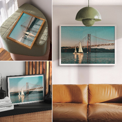 Photo canvas A bridge and sailboats over the water in pastel tones