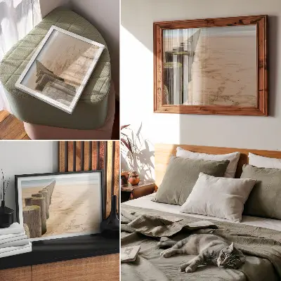 Decorative canvas print featuring wooden stakes on a peaceful beach