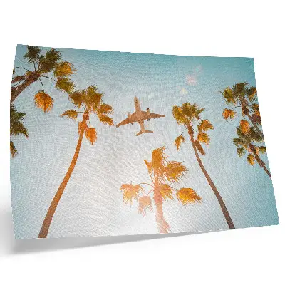 Poster airplane flying over tropical palm trees under a blue sky