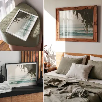 Decorative canvas print featuring a peaceful beach scene with surfing waves and palm trees