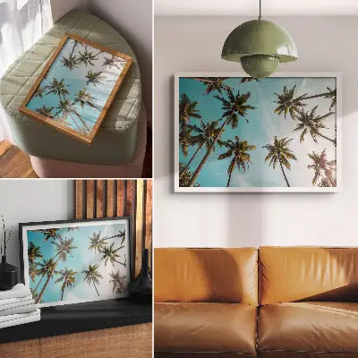 Poster palm trees against a blue background with a peaceful nature atmosphere