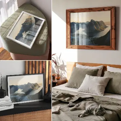 Decorative canvas print fjords, mountains, and water at sunset featuring a harmony of nature