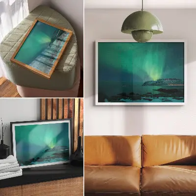 Photo canvas green aurora with shimmering lights over a calm surface