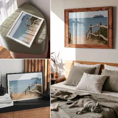 Decorative canvas print featuring a beach with a ship, sea, wooden railings, and sand