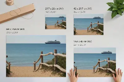 Decorative canvas print featuring a beach with a ship, sea, wooden railings, and sand