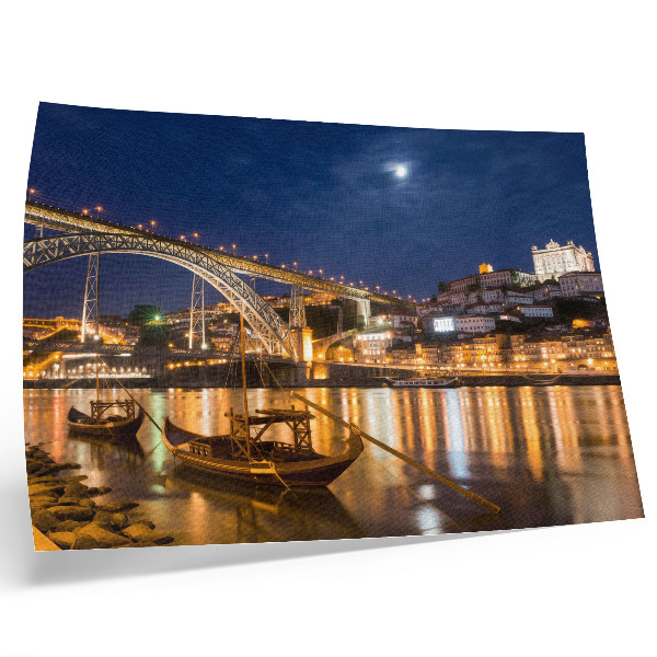 Poster Bridge at night with lights city with water boats