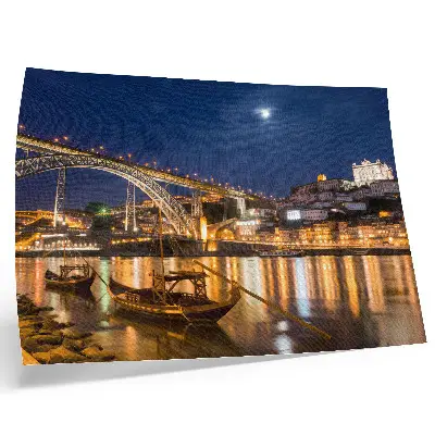 City Bridge at Night Poster with city lights, water, and boats