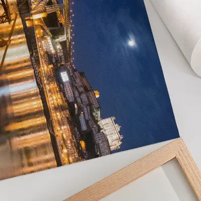 City Bridge at Night Poster with city lights, water, and boats