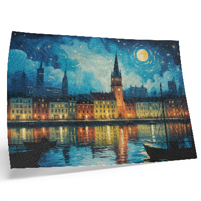 Poster Night city reflections water lamp glow