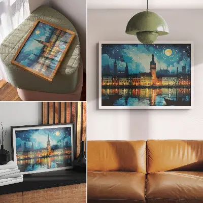 Poster night city reflections with glowing water lamp