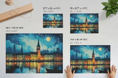 Poster night city reflections with glowing water lamp