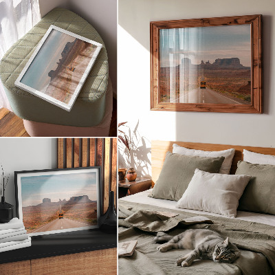 Decorative canvas print A straight road, monumental mountains, warm colors