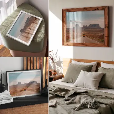 Decorative canvas print straight road with monumental mountains in warm colors